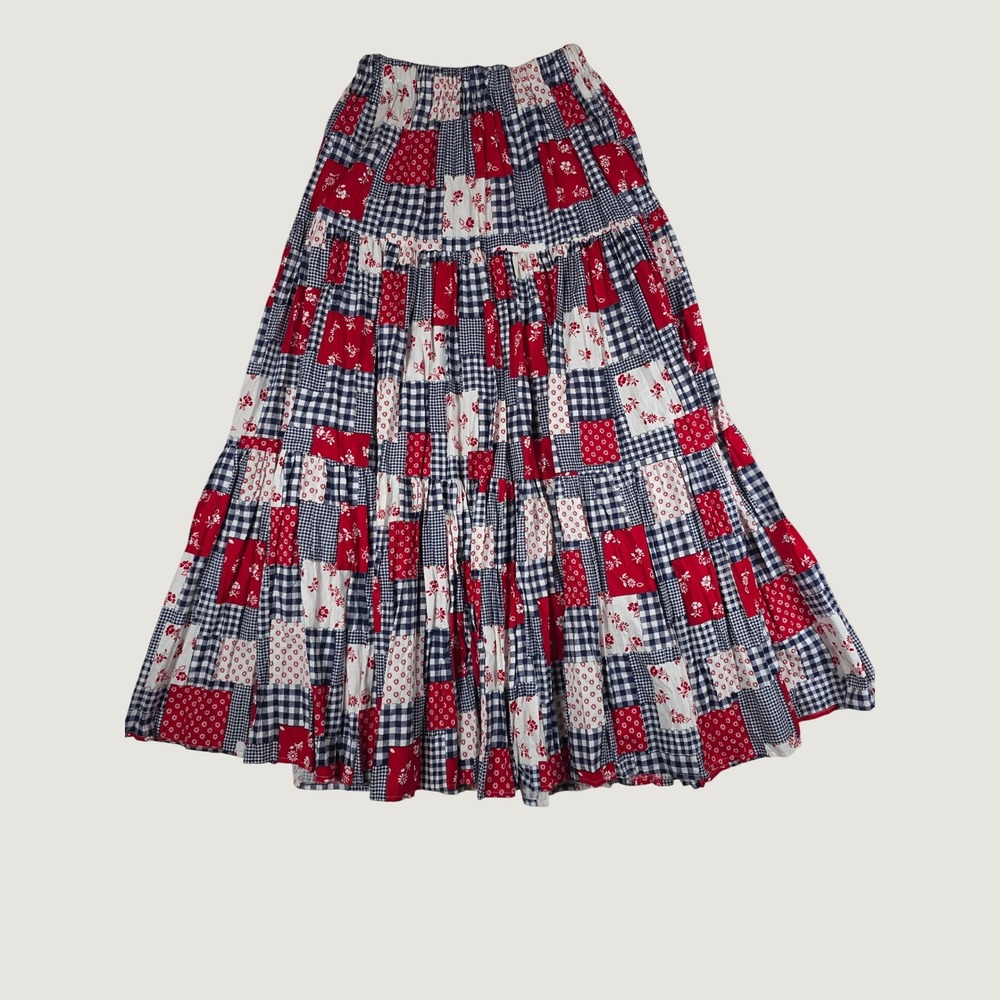 Vintage Patchwork Prairie Maxi Skirt OS Red Blue Cottagecore Tiered Americana